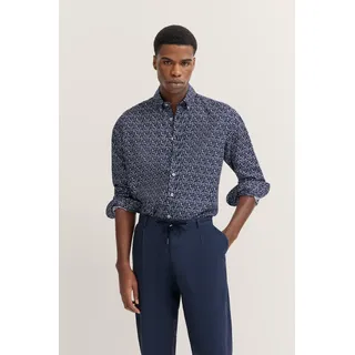 Bugatti Langarmhemd BUGATTI, Herren, Gr. L, Normalgrößen, 390, marine, 100% Baumwolle, gemustert, normal, eckige 2-Knopf-Manschette, Hemden, mit Button-Down-Kragen