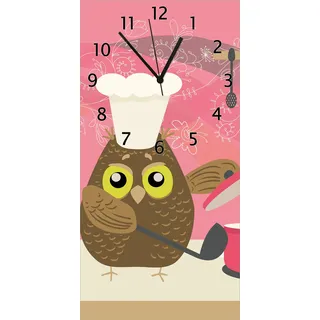 Wallario Design Wanduhr Lustige Eule beim Kochen mit Kochmütze aus Echtglas, Größe 30 x 60 cm - Rot