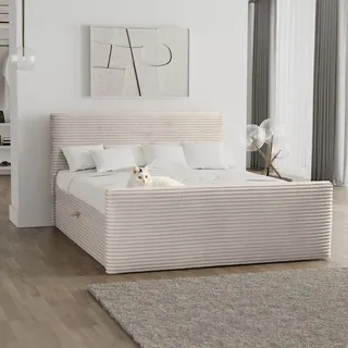 kaiser möbel Boxspringbett mit bettkasten und topper 140x200 TRENTO stoff Plüsch Cord Ecru H3-Bonell - Beige