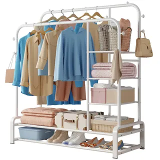 SMILOVII Kleiderständer, Freistehender Doppelte Stangen kleiderstange, mit 8 Haken, 3 Lagen Seitenablagen und 2 Lagen Schuhregalen, Multifunktionaler Garderobenständer in Weiß für das Schlafzimmer
