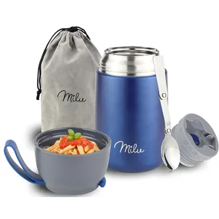 Milu® Thermobehälter für Essen 650ml, Edelstahl Warmhaltebehälter mit Löffel, Thermobecher Essen, Thermo Lunchbox für Kinder, Erwachsene, Thermobox Suppen, Babybrei, Speisebehälter Navyblau, 650ml