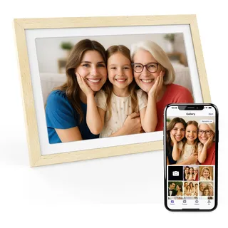 Xoro 10,1 Zoll WiFi Digitale Bilderrahmen, 1920x1080 Full HD 1080P IPS Touch Display, 32GB Speicher, Automatische Rotation, Buchenholz, Teilen Sie Fotos sofort von überall aus