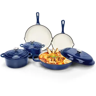 GFTIME Antihaft Emaille Gusseisen Kochgeschirr Set, 8 teiliges Töpfe und Pfannen mit Deckel, Bratpfanne, Schmortopf, Soßentopf, Runder Dutch Oven für Brotbacken auf allen Herdarten, Marineblau