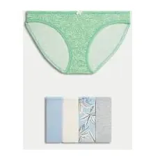 Womens M&S Collection 5er-Pack gemusterte Bikinislips aus Baumwolle und LycraTM - Dusty Blue, Dusty Blue, 16