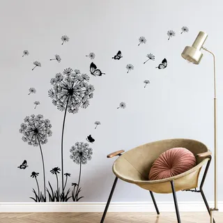 Tanlaby Löwenzahn Wandsticker Schwarz Blumen Wandtattoo Pusteblume Schmetterlinge Wandaufkleber für Wohnzimmer Schlafzimmer Büros Sofa Hintergrund Hause Wanddekoration