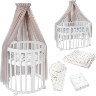 Waldin Babybett OWAL Kinderbett 7in1 mit Matratze, mitwachsendes Kinder-Bett,Stoffe Taupe Zweige,Holz weiß - Weiß