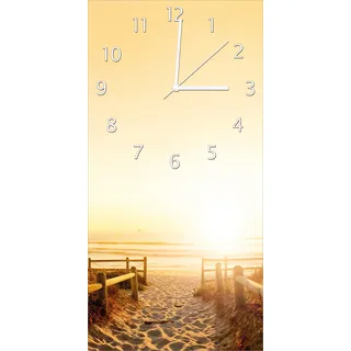 Wallario Design Wanduhr Strand in Südafrika II - Himmel in orange aus Echtglas, Größe 30 x 60 cm - Orange