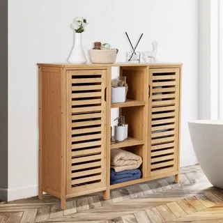 WAOHO badezimmerschränke aus Bambus,Badezimmer Regal,Sideboard Wohnzimmer,Sideboard, Bad Regal stehend,Küchenschrank, Badezimmer Schrank,Bad Regal ste - Naturbelassen