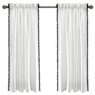 Lush Decor Pom Vorhang, strukturiert, einfarbig, Shabby-Chic-Stil, Fensterpaneel für Wohnzimmer, Esszimmer, Schlafzimmer (Einzel), 160 x 127 cm, Schwarz und Weiß