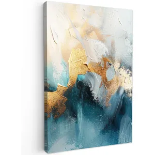 MuchoWow Leinwandbild Abstrakt - Kunst - Gold - Blau Wanddeko Schlafzimmer 60x90 cm , Petrol , Textil , Kiefer , Rechteckig , 60x90 cm , FSC 100% , gerahmt , Bilder & Rahmen, Bilder, Leinwandbilder