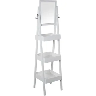 DRW Regal mit Holzboden mit 3 Ablagen und Spiegel, weiß, 35 x 35 x 147 cm, Spiegel 30 x 37 cm