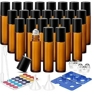 ComSaf 10ml Ätherische Öle Roller Glasflaschen, 24er Set Anti-UV Klein Nachfüllbare Containermit mit Edelstahl-Roller Ball, Trichter, Öffner, Etiketten, Pipetten, für Aromatherapie Gemische
