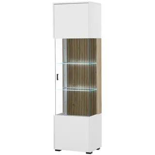 Furn.Design Vitrine weiß matt, Eiche 48 x 180 cm, Glasvitrine mit 5 Fächern und Soft-Close , Metall , Nachbildung,Eiche , Uni, Holz Optik , 2 Fächer , Rechteckig , eckig , 48x180x38 cm , FSC 100% , Esszimmer, Vitrinen, Vitrinenschränke