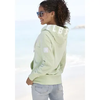 Kapuzensweatjacke ELBSAND "Kelda", Damen, Gr. M (38), grün (pastellgrün), angeraute Sweatware, Obermaterial: 95% Baumwolle, 5% Elasthan, unifarben, figurumspielend hüftlang, angesetztes Bündchen, Sweatjacken Kapuzensweatjacke, mit Logo-Stickerei an der Kapuze, Basic