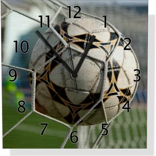 Wallario Design Wanduhr Fußball - Ball im Tor - Bolzplatz aus Aluverbund, Größe 30 x 30 cm - Grün