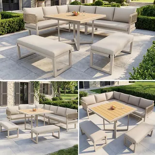 Gartenmöbelset aus Kunststoffholz mit Esstisch Lounge Set für 8-10 Personen Sofa & Sesselgruppe in Seiloptik inkl. Polsterauflagen wetterfest Grau - Beige