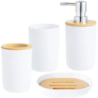Kinsinder 4 Stück Bambus Badezimmer Zubehör Set, Bad Accessoire Set Zahnputzbecher, Bambus Bad Zubehörset mit Zahnbürstenhalter, Mundwasser Cup, Lotion Flasche und Seifenschal (Weiß)