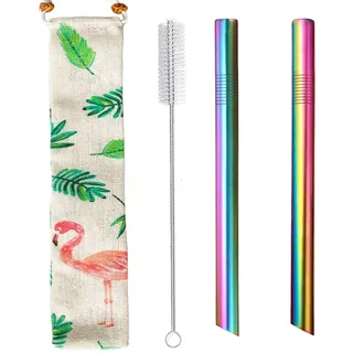 Morneve Strohhalme Edelstahl Bubble Tea, 12mm Extra Breite Strohhalm Wiederverwendbar Metall Trinkhalme für Smoothie Boba Perlen Milchshake Saft mit Reinigungsbürste Set bunt 2pcs