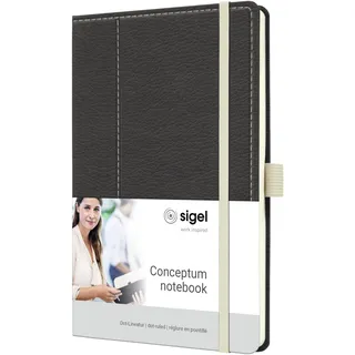 SIGEL CO697 Premium Notizbuch A5 dotted, Leder-Look, grau, weiß, Hardcover, 194 nummerierte Seiten, nachhaltiges Papier, mit Inhaltsverzeichnis, Stiftschlaufe, Falttasche, Conceptum