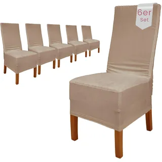 Scheffler Home Stuhlhussen Samt Stein-Beige 6er Set Puma – Elastische Stuhlbezüge für Hochlehner und Polsterstühle – Waschbar und formstabil