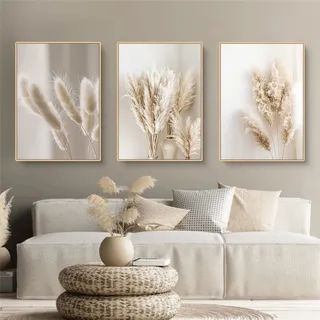 Trayosin 3er Premium Poster Set, Schilf Natur Leinwandbilder, Moderne Wandbilder, Bilder Wohnzimmer Deko Schlafzimmer, Beige Boho Pampasgras Bilder,ohne Rahmen (A,30x40cm)