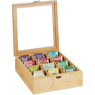 Relaxdays Teebox, 12 Fächer, Bambus, HxBxT: 9,5 x 26,5 x 28,5 cm, für Tee & Kaffeepads, Teebehälter mit Deckel, Natur