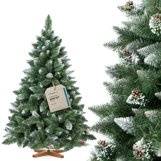 FairyTrees Weihnachtsbaum künstlich 150 cm Kiefer Natur-Weiss beschneit | Künstlicher Tannenbaum naturgetreu, inkl. Holzständer, Made in EU, beschneit, Christbaum, Kunsttanne, Tannenzapfen, FT04