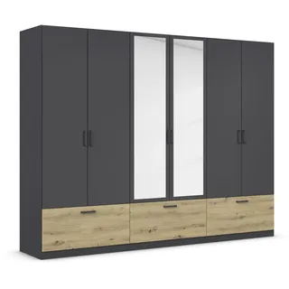 Rauch Möbel BARI Drehtürenschrank Kleiderschrank Grau-Metallic/Eiche Artisan, 3 Schubladen, mit Spiegel, 271x210x54cm