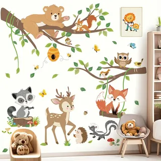 decalmile Wandsticker Waldtiere Baum Zweig Wandtattoo Bär Hirsche Fuchs Baum Ast Wandaufkleber Babyzimmer Kinderzimmer Schlafzimmer Wanddeko