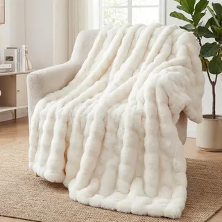 Kuscheldecke Kaninchen Plüsch Decke Super Soft Wohndecke Dick 1000 G/M2 Flanell Decke Couchdecke Warme Überwurfdecke Sofadecke Vielseitig Blanket Für Bett Sofa Schlafzimmer Büro Weiß 160 x 200cm