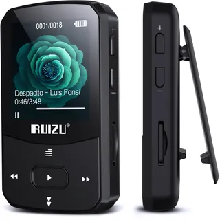 64GB MP3 Player Bluetooth 5.3 Sport mit 1.5 Zoll TFT Farbbildschirm, Mini Musik Player mit Clip, Laufen, UKW-Radio, Recorder, Schrittzähler, A-B-Wiederholung, unterstützt 128GB SD-Karte