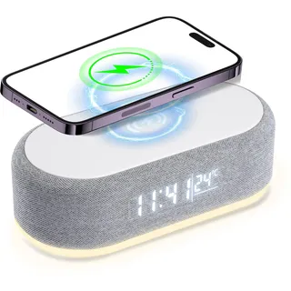 Jaxiyun 4 In1 Wecker Digital, Wecker mit Ladestation, Wireless Charger, Smart Wecker mit Licht und Temperaturanzeige, Nachtischlampe mit Einstellbarer Helligkeit