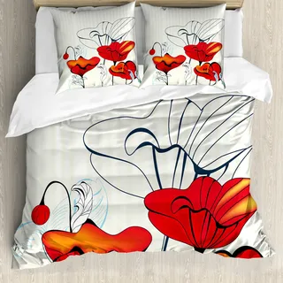 ABAKUHAUS Mohn Bettbezug, gestreifte Röschen, Milbensicher Allergiker geeignet mit Kissenbezügen, 155 cm x 220 cm - 80 x 80 cm, Red Pale Blue Beige - Beige