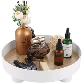 SHUESS Deko Tablett Rund Serviertablett Weiß, 30cm Holztablett Dekotablett Rund mit Füßen Holzerhöhung für Display Modern Chic Dekoteller