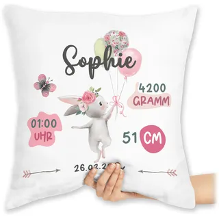 Kissen 40x40 Zierkissen - Geburtsgeschenk Hase Maß Gewicht I Geschenk zur Geburt personalisiert - 40 x 40 cm - Weiß - personalisierte Babygeschenk personalierste Geschenke Baby neugeboren größe