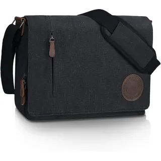 Leathario Umhängetasche Herren 14 Zoll, Messenger Bag aus Echtleder und Canvas, Arbeitstasche Studententasche Laptoptasche Schultertasche Kuriertasche Collegetasche Uni Studenten,Arbeit Schwarz