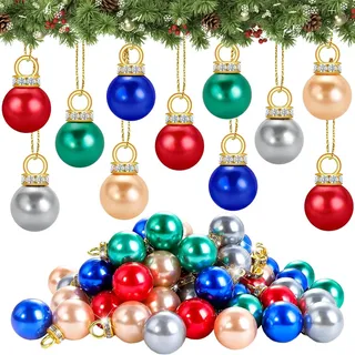 60 Stück Glitzer Weihnachtskugeln Bunt - Mini Christbaumschmuck Mit Goldene Faden, Perlenimitat Kugeln, Baumkugeln 1.6cm Ø für DIY