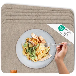 Miqio® - Design Tischset aus Filz | Marken Label aus echtem Leder | 6er Set Platzset (beige) abwaschbar | Filzmatte Tisch Untersetzer Platzdeckchen abwischbar