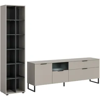 xonox.home – Wohnkombination Noida 290x192x41 cm inkl. Beleuchtung in Kaschmir Nachbildung Schwarz – Design-Wohnwand mit Licht – edel, großzügig & funktional