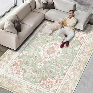 Vhong Waschbarer Teppich, Boho, Vintage, modern, neutral, groß, Grün und Rosa, hohe Verkehrsfähigkeit, für Esszimmer, Wohnzimmer, Schlafzimmer, Bauernhaus, rutschfest, 20,3 x 25,4 cm