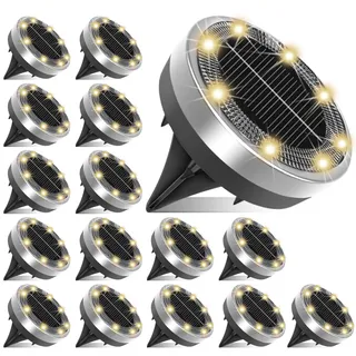 Klein Solar Bodenleuchten Aussen, 16 Stück 8 LED Mini Solarleuchten für Außen, Solarlampen für Außen, Led Solar Gartenleuchten, Warmweiß, IP65 Wasserdicht, Edelstahl, Geeignet für Rasen, Gehweg