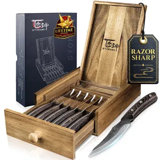 SYOKAMI 12,2 cm Steakmesser Set 6 Teilig mit Schubladen Organizer | Hochkohlenstoff Japanischer Edelstahl Fleischmesser ohne Wellenschliff mit Holzgriff Damastmuster, Razor-Sharp Dinner Knives
