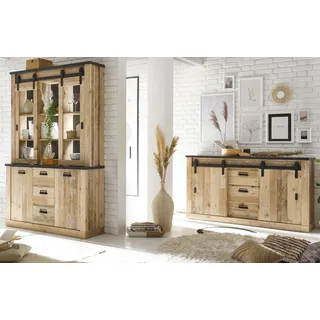 Wohn- und Esszimmer Set "Stove" 2-teilig in Used Wood mit Buffetschrank und Sideboard - Naturbelassen, Dunkelgrau