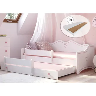 Mädchenbett 80x160 mit Ausziehbett & zwei Matratzen Kinderbett Jugendbett Funktionsbett 160x80 mit Rausfallschutz | Prinzessin Sofa umbaubar weiß rosa - Weiß