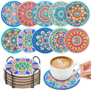 WuGU 10 STK Diamond Painting Untersetzer Mit Halter, Diamant Tassenuntersetzer, Diamond Painting Erwachsene zum Basteln, DIY 5D Mandala Untersetzer rutschfest für Anfänger, Erwachsene & Kinder(F)
