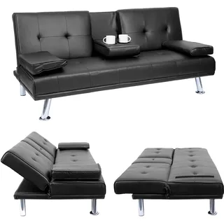 3er-Sofa HWC-F60, Couch Schlafsofa Gästebett, Tassenhalter verstellbar 97x166cm Kunstleder, schwarz - Schwarz