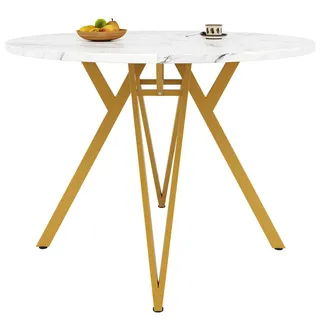 Flieks Esstisch Rund 100cm Marmor MDF Gold Metallbeine , Goldfarben , Holzwerkstoff , 100x76x100 cm , Esszimmer, Esstische