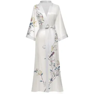 Moreone Damen Seide Kimono Bademäntel Lange Bademäntel Damen Nachtwäsche Blumendruck Hochzeit Robe Nachthemd Satin Brautjungfer Roben, 4-weiß, Einheitsgröße