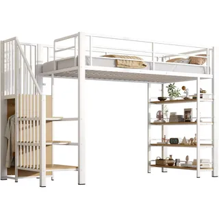 Stilvora Hochbett 90/200 cm in Weiß mit Treppe, Regal und Kleiderschrank , Metall, Holz , 90x200 cm , Babymöbel & Kindermöbel, Kinderzimmer & Jugendzimmer, Kinderbetten, Hochbetten