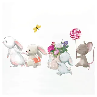 Little Deco Kinderzimmer Aufkleber Mädchen Hasen Blumen Maus Wandtattoo Hasenfamilie Wandaufkleber Tiere Wandsticker Babyzimmer Junge Kinder Sticker DL209-4